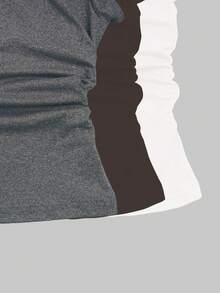 3 件套女士休闲蝴蝶印花细节修身褶皱纯色圆领短袖 T 恤套装 - 彩色 - 查看 4