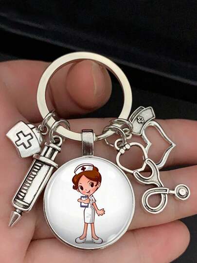 1 件可爱护士听诊器和注射器形状水钻装饰钥匙扣