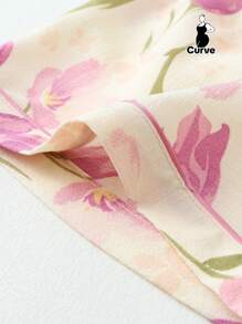 2pcs Plus Size Women Tulip Print Lapel Button Front Short Sleeve Top And Shorts Sleepwear Suit, Comfortable For Home Wear, Summer, Outfits