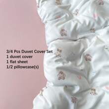 3/4pcs Pink Printed Bedding Set, Cute Rabbit & Bear Print Bedding Set For Girls, Cartoon Animal Soft Pink Bow Pink Heart Polyester Fabric Skin-Friendly Bedding Set (1 Duvet Cover + 1 Bedsheet + 1/2 Pillowcase, Without Filler)