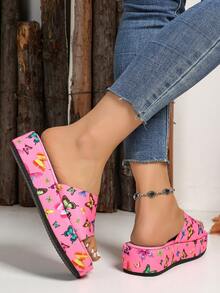 Sandalias de mujer de plataforma gruesa de estilo informal, nuevas para el verano de 2025, con estampado romántico de mariposas y dedos al aire