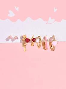 7 件玫瑰粉色心形锆石吊坠和耳钉优雅珠宝套装，适合女性约会、派对、日常通勤