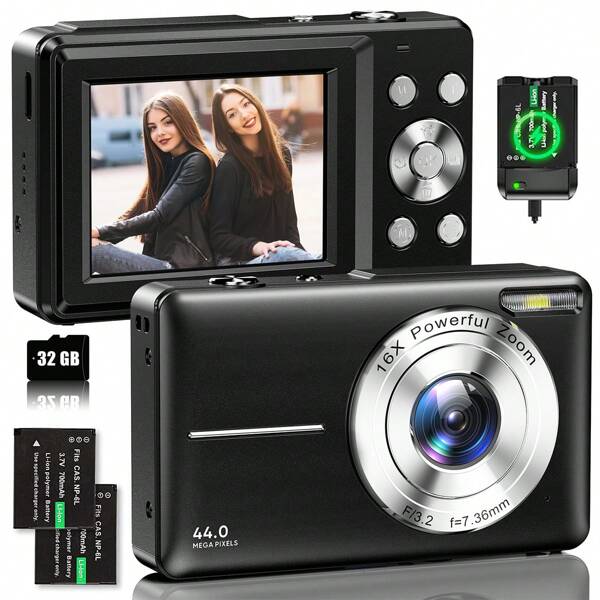 Nicamery Cámara digital de 44MP modelo 2025 con enfoque automático, zoom digital 16X, grabación de video vlogs 1080P FHD, diseño compacto, incluye tarjeta de memoria de 32GB, 2 baterías y cargador de baterías (sin adaptador)