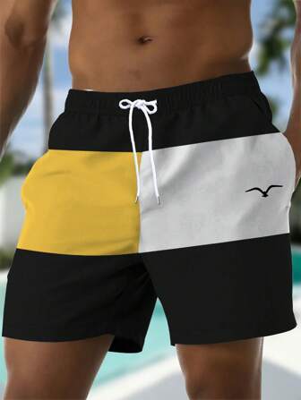 Herrshorts med tryckt mönster, sneda fickor och dragsko i midjan, snabbtorkande Hawaii-nätfoder, strandstil, 3D-måsmönster, färgblockerande tryck, avslappnad badbyxa för strandsemester, Hawaiian