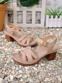 Sandalias de tacón alto francesas de verano, versátiles, de moda, con hebilla y tira cruzada, de unicolor, ultraligeras y de tacón grueso para mujer - Albaricoque - Ver 9