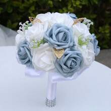 1 Stück eleganter blauer Rosenstrauß mit Satinband, Mori Stil Goldblatt Braut Brautjungfer Hochzeit Künstliche PE Schaum Rose Blumenstrauß PE407E