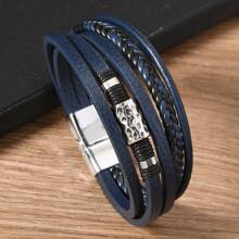 1pc Vintage PU Leather Braided Bead Magnetic Clasp Men's Bracelet, Beaded Pattern Decor, Suitable For Daily Wear, Holiday Gift