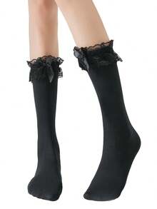 1 Pair Lace Bow Velvet Knee High Socks - Multicolor - View 1