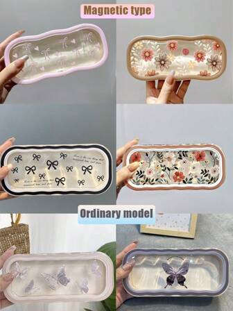 1/2/3 PIEZAS Estuche de gafas con estampado de flor, mariposa y lazo, caja de almacenamiento de gafas y joyas de moda para hombres y mujeres, material de plástico, apertura y cierre magnético, suministros de almacenamiento ideal, transparente y a prueba de presión