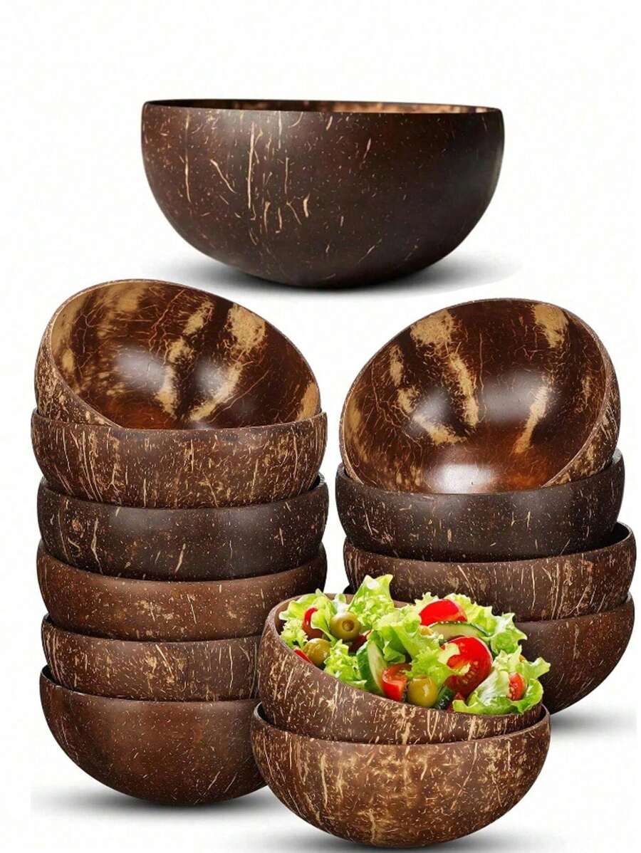 Handmade Coconut Shell Bowls With Wooden Spoons Set,Reusable Handcrafted Bowl, Vegan Organic Salad Bowl, Vintage Round Wood Bowl, Large Wooden Serving Bowl For Salads, Breakfast, Decoration, Smoothie Dessert Bowl,Ideal For Salads, Fruits & Cereals, Coconut Bowl,School Supplies