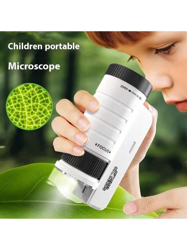 Microscope mini portatif à main avec lumière LED, accessoires de jeu de rôle pour enfants - Grossissement de 60x à 200x, idéal pour l'exploration extérieure et le plaisir éducatif, en matériau ABS, disponible en bleu/noir