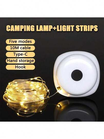 1 pieza Tira de luces de lámpara para carpa de camping, tira de luces de cuerda recargable para decoración de gazebo de camping, jardín y patio al aire libre