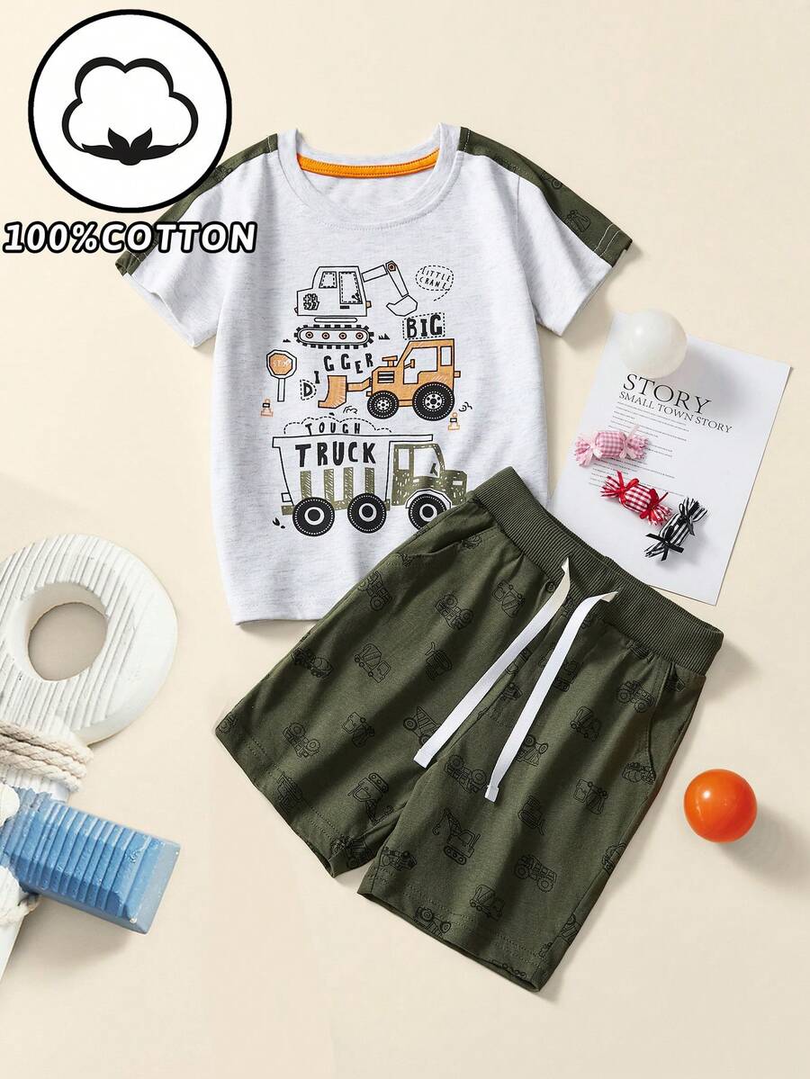 Toddler Boys Excavator Print Contrast Side Seam Tee & Drawstring Waist Shorts