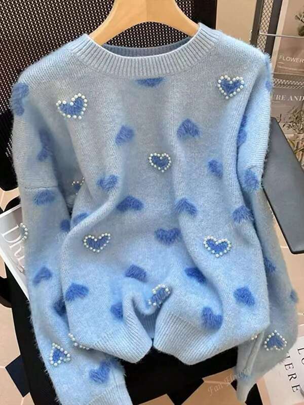 Jersey de cuello redondo para mujer con patrón de corazón tejido y decoración de perlas
