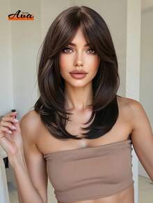 Ava WIGS 18英寸黑棕色长款层次假发，带刘海，女士合成耐热假发，柔软易造型，适合日常佩戴、工作、节日等场合，也可作为万圣节、圣诞节送给女性的礼物。 - 黑棕色 - 查看 2