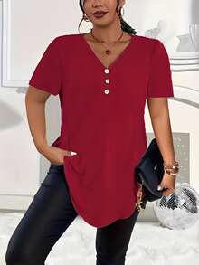 New Casual Plus Size Solid Color V-Neck Button Short Sleeve Shirt Summer Red - Red - View 1