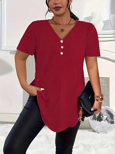 New Casual Plus Size Solid Color V-Neck Button Short Sleeve Shirt