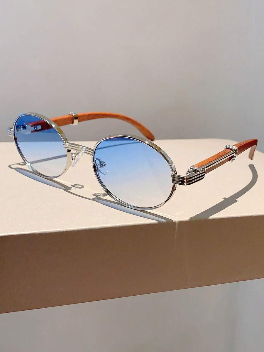 Neue modische Vintage ovale Rahmen Brille, Design mit Vortäuschung Holzmaserung Bügeln für Sommer Strand Urlaub, Outdoor, Reisen - c3 silberner Rahmen Farbverlauf blau - Übersicht 1