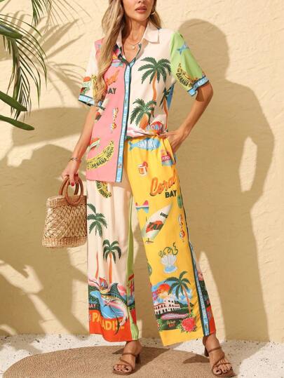 YI XUAN Women's Two Pieces Set, Boho Beach Palm Tree Print, Casual Top And Pants For Summer And Fall,Suitable For Spring And Summer,Fall