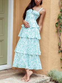 Women Boho Floral Maxi Dress Y2k Spaghetti Strap Square Neck Backless Ruffle Flowy Long Dresses Tiered Sleeveless Tie Up Dress Summer Wedding Guest Sundress Going Out Beachwear - 綠色 - 查看 3