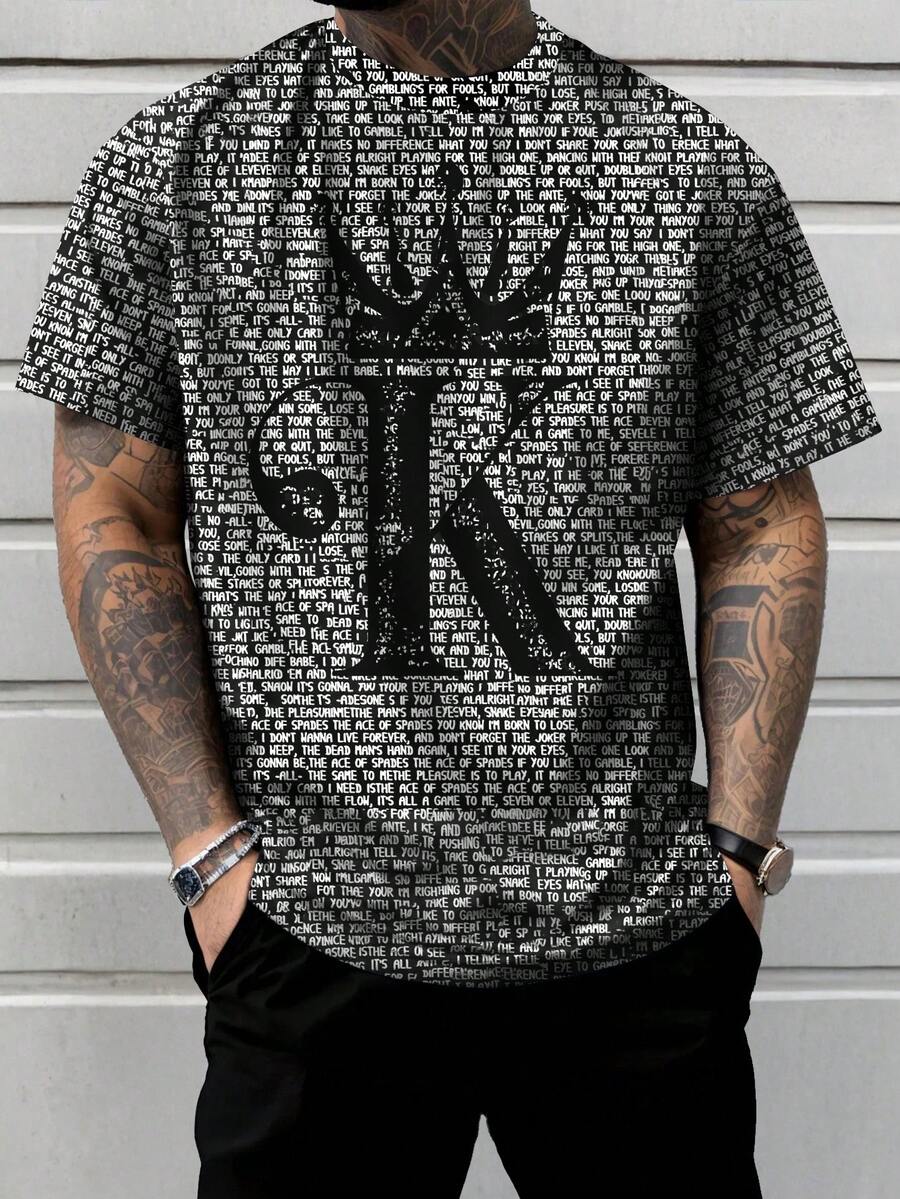 T-shirt d'été casual à col rond et manches courtes avec imprimé cartes à jouer, grande taille pour hommes