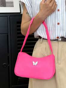 Bolso de hombro con decoración de mariposa de metal, de estilo moderno para el verano 2024, bolso versátil y ligero, bolso de estilo callejero chic para mujer - Rosa Fucsia - Ver 2