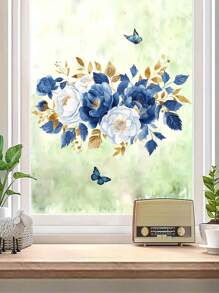 1pc Blue Floral Pattern Bathroom Wall Sticker