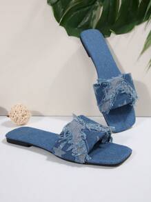 Square Toe Flat Sandals, Light Blue Denim Fringe Design, Simple Strap Style Slip-On Beach Shoes, Elegant Casual Versatile, New Spring/Summer Ladies Flats