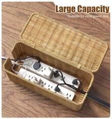 1pc Cable Management Box,Handwoven Imitation Rattan Cord Hider Organizer Box With Lid,2 Open Slots Cable Organizer Box For Tv Computer USB Hub To Hide Power Strips & Cords - Brown - View 1