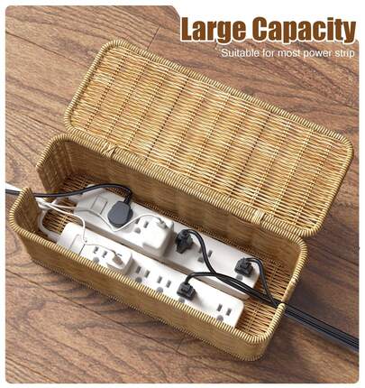 1pc Cable Management Box,Handwoven Imitation Rattan Cord Hider Organizer Box With Lid,2 Open Slots Cable Organizer Box For Tv Computer USB Hub To Hide Power Strips & Cords
