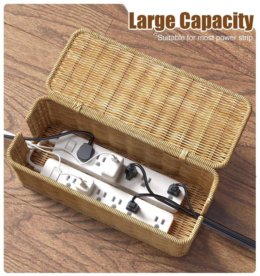 1pc Cable Management Box,Handwoven Imitation Rattan Cord Hider Organizer Box With Lid,2 Open Slots Cable Organizer Box For Tv Computer USB Hub To Hide Power Strips & Cords - Brown - View 1