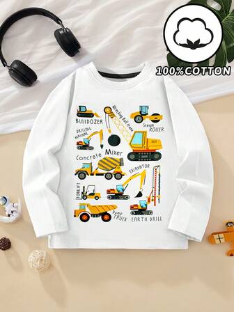 Kleine Jungen Langarm Lässig T-Shirt mit Cartoon Bagger Motiv, modisches Grafik T-Shirt für Herbst/Winter
