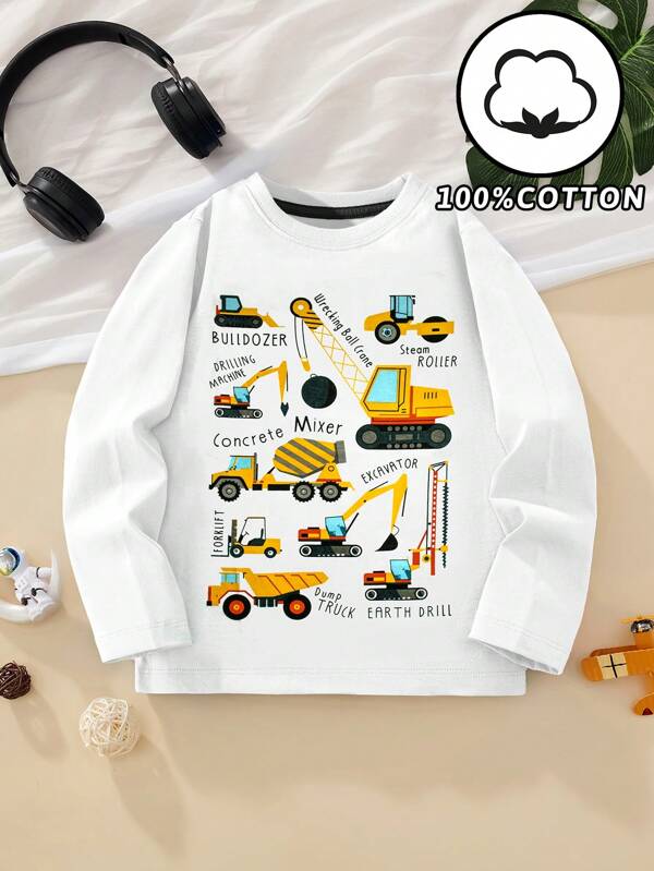 Young Boy Long Sleeve  Casual T-Shirt Top With Cartoon Excavator Print, Fashionable Autumn/Winter Graphic Tee