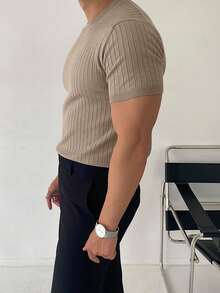 Men's Fashion Solid Color Vertical Ribbed Short Sleeve Knit Top - Khaki - View 4