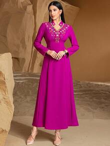5250 AED handgenähtes Kleid im Dubai-Stil mit Perlenstickerei, Abendrobe, dezent - Rosa - Übersicht 8