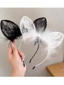 1 pièce Serre-tête élégant pour femmes avec oreilles de chat, dentelle et plumes moelleuses - accessoire cheveux en polyester non extensible pour le cosplay, les soirées déguisées, les événements extérieurs | Bandeau mode pour femmes (noir/blanc)