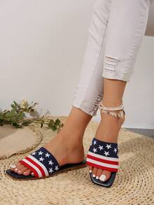 女士拖鞋，白色星形罗纹夏季鞋，平底人字拖和女士红色凉鞋，适合休闲、度假、独立日、7月4日等场合，以及海滩装扮 - 紅白色 - 查看 7