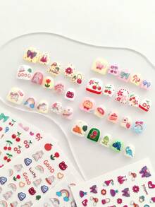 9 张 Dar 胶水指甲贴纸，适合女士和小女孩 - 9 张 3D 自粘式 DIY 美甲装饰套装，包括独角兽、蝴蝶、樱桃恐龙指甲贴花，适合女士、儿童和女孩美甲用品 - 彩色 - 查看 4