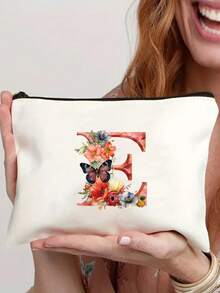 26 Letter & Floral Canvas Zipper Pouch - Lightweight Foldable Makeup Bag, Washable White Cosmetic Pencil Case, Suitable For Women, Mothers & Daughters - Perfect Gift For Graduation, Wedding, Holiday - Multicolor - View 22