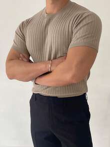 Men's Fashion Solid Color Vertical Ribbed Short Sleeve Knit Top - Khaki - View 2