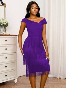 Rochie de damă cu mânecă scurtă și umeri asimetrici, talie înaltă, mulată, slăbită, decor cu ciucuri în mai multe straturi, potrivită pentru petrecere de ziua de naștere, cină formală, bal de absolvire, întâlnire, petrecere, nuntă, domnișoare de onoare, ceremonie de absolvire, invitată la nuntă etc. - Violet - Vizualizare 2