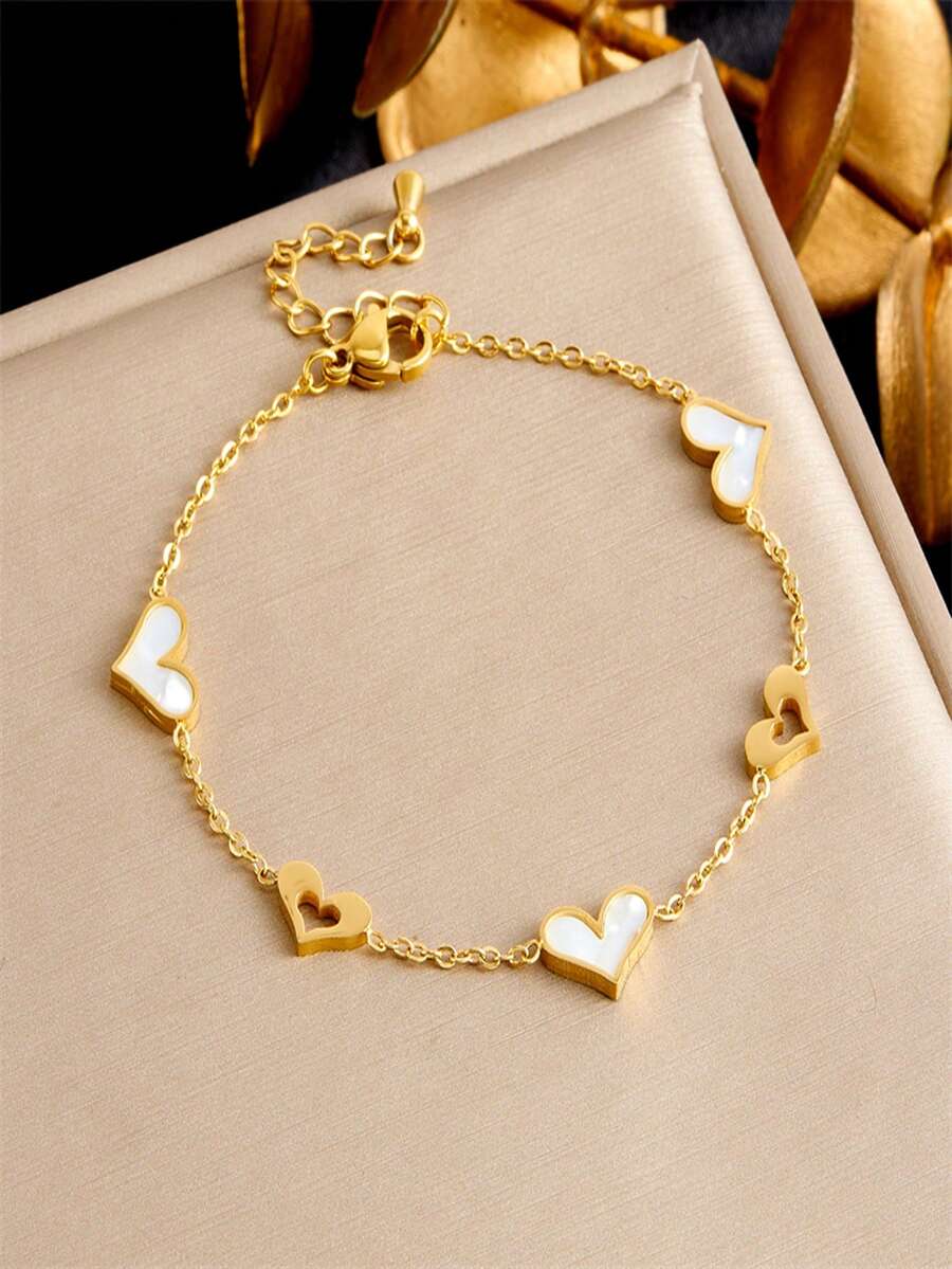 1 pieza Pulsera de acero inoxidable con diseño simple y corazón personalizado para uso diario de mujeres - Amarillo Oro - Ver 1