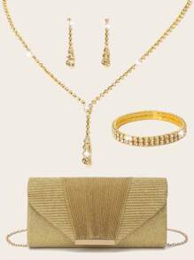Conjunto de joyas de mujer con rhinestones: collar, aretes, brazalete- Conjunto brillante de bolso de mano, billetera, bolso de sobre de metal con hebilla y cadena para fiesta, boda, cóctel