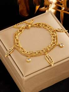 1 件不锈钢镂空叶吊坠手链，时尚百搭个性化珠宝礼物，适合女士 - 金黃色 - 查看 8