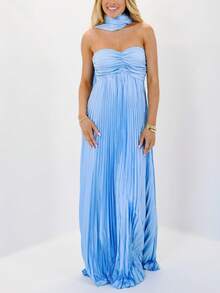 Women Solid Color Formal Strapless Dress Sexy Backless Maxi Long Dresses Y2K Sleeveless Cocktail Ruffle Flowy Tube Dresses With Neck Scarf Summer Sundress - 藍色 - 查看 1