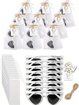 Juego de 32/24/16/4 piezas de gafas de sol con forma de corazón blanco, regalos para fiestas de boda, tarjetas de agradecimiento con flores, bolsas de organza, juegos para despedida de soltera, gafas de moda adecuadas para despedidas de soltera, regalos de fiesta, regalos para invitados