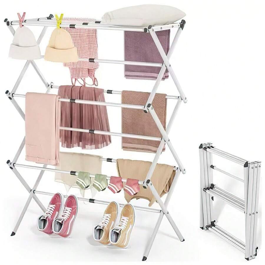 Foldable Clothes Airer, 3 Tiers And 11 Rods, Space-Saving Clothes Rack, Foldable Clothes Dryer, Towel Rack, Suitable For Small Spaces, 105 * 37 * 43-76CM White - White - View 1