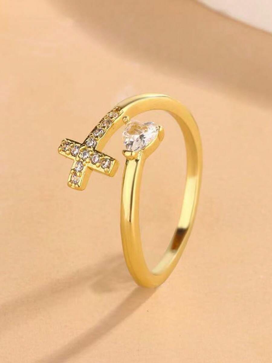 1pc Elegant Copper Zirconia Cross & Heart Women's Ring, Quality Jewelry Gift For Party, Date, Birthday