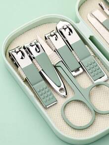 14/8件套不锈钢美甲套装，指甲护理工具套装，含指甲钳，蓝色/粉色/绿色，塑料盒 - 淺粉色 - 查看 2