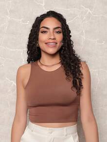 Kit 3 Cropped Women's Tank Top Plain Basic Suplex With Lining - Black\Beige\Brown - View 4